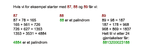 Hvis vi tar for oss 87, blir dette til palindromet 4884 etter 4 gangers summering. Tallet 88 er et palindrom allerede og 89 blir etter 24 summeringer får palindromet 8813200023188.